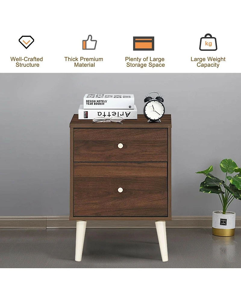 Gymax Nightstand 2-Drawer Beside End Side Table w/Rubber Legs Oak Finish