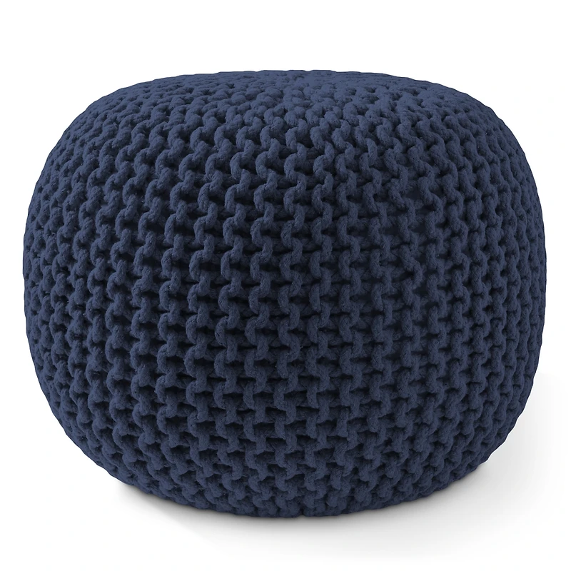 Casafield Round Pouf Ottoman, Navy Blue - 20" Dia x 14.5" High Cotton Knit Foot Stool Boho Floor Pouffe for Living Room