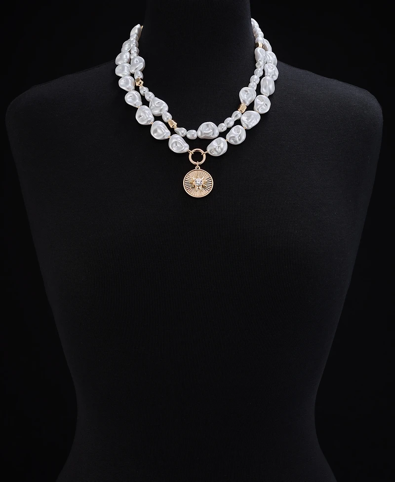 On 34th Gold-Tone Crystal Disc & Imitation Pearl Layered Pendant Necklace, 16" + 3" extender, Exclusively at Macy's