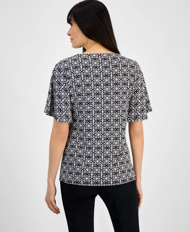 Jm Collection Women's Printed Flutter-Sleeve Square Neck Crepe Top