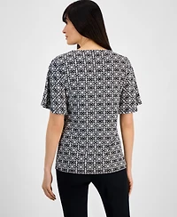 Jm Collection Women's Printed Flutter-Sleeve Square Neck Crepe Top