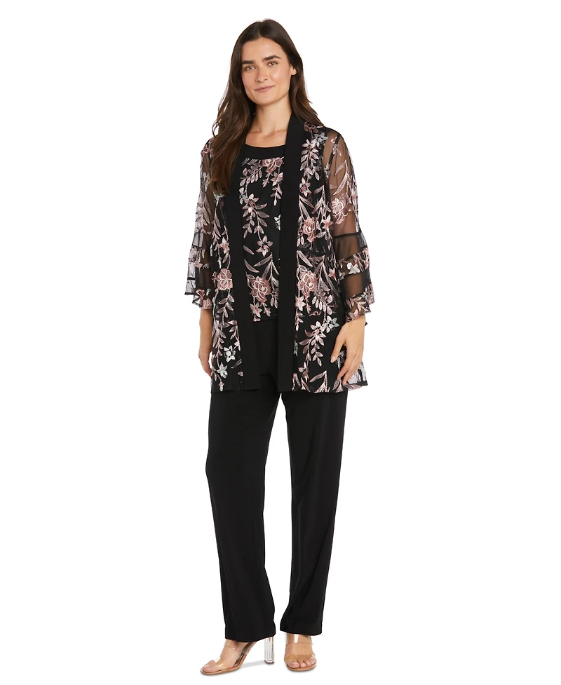 R & M Richards Women's 2-Pc. Embroidered Illusion-Sleeve Top & Pants Set