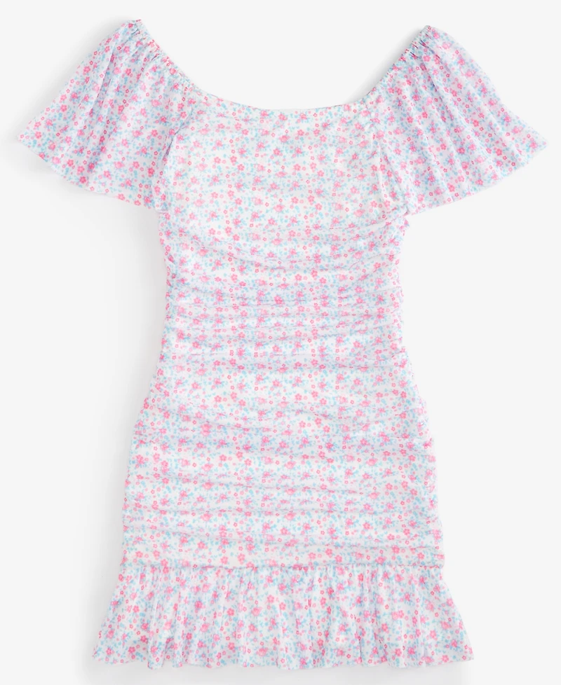 With Jules Big Girls Ruched Flutter-Sleeve Mesh Dress