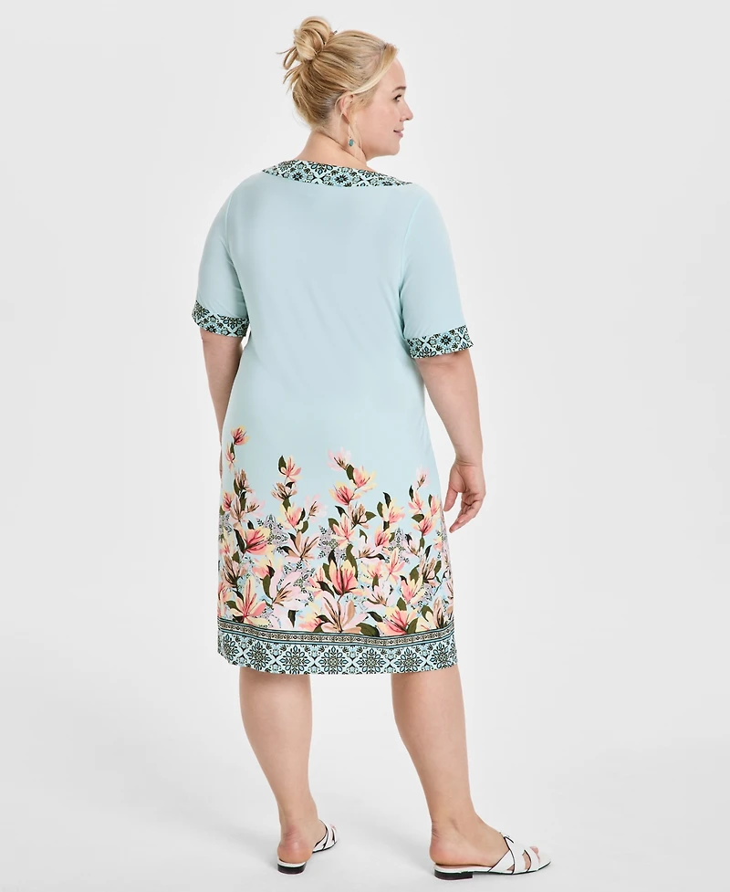 Jm Collection Plus Border-Print Short-Sleeve Shift Dress, Exclusively at Macy's