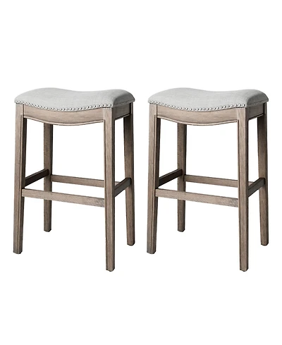 Maven Lane Adrien Saddle Bar Stool in Oak Finish with Ash Grey Fabric Upholstery, Set of 2