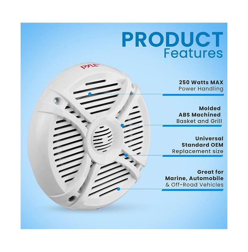 Pyle 6.5-Inch Component Marine Speakers, 250 Watts, White