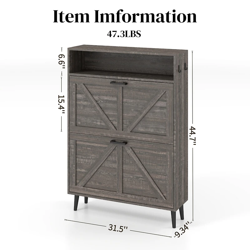 Farmhouse Shoe Storage Cabinet with Barn Door Design, Shoe Organizer with 2 Flip Drawers, Freestanding Narrow Shoe Rack Cabinet