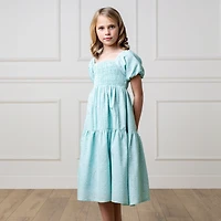 Hope & Henry Girls' Linen Smocked Short Bubble Sleeve Dress, Kids