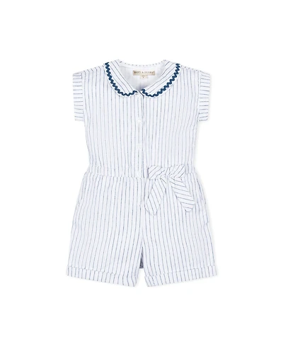 Hope & Henry Girls' Linen Peter Pan Collar Button Front Romper, Kids