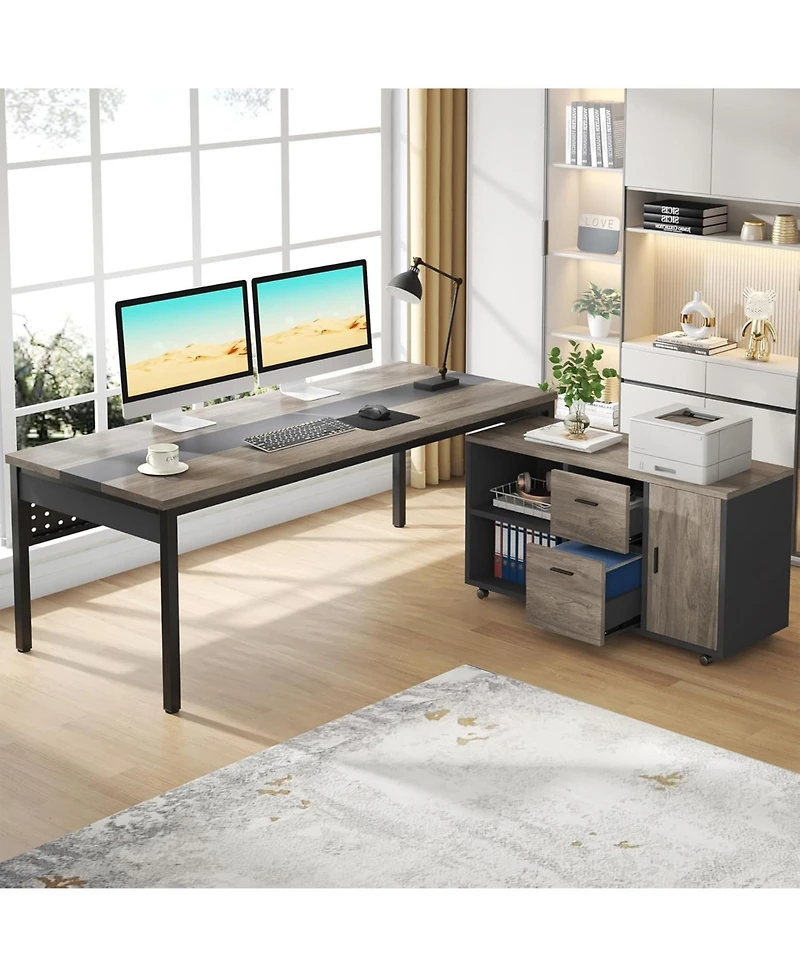 Tribesigns 70.8" Large Executive Office Desk and 47" Lateral File Cabinet Combo, L-Shaped Computer Desk 2 Piece Business Furniture with Drawers and Sh