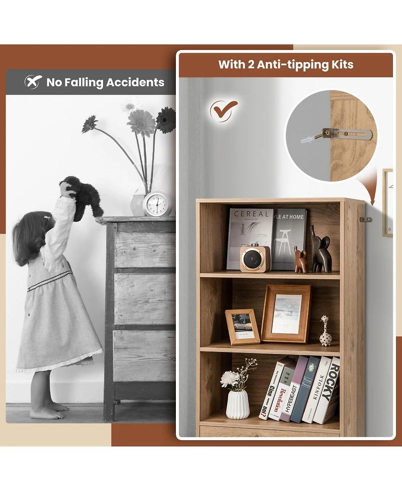 Gouun 4-Tier Storage Bookcase with Open Shelves Drawer and Anti-toppling Device