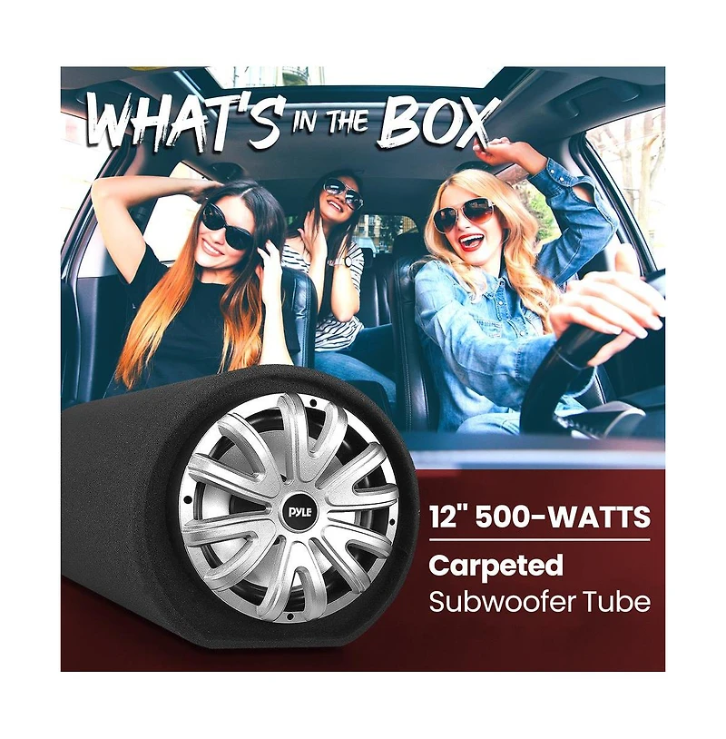 Pyle Subwoofer Box System, 12'' 500W, Carpeted Tube Enclosure, Rear Vented Design