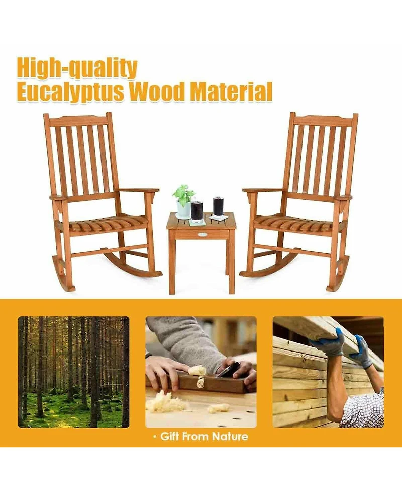 Gymax 3 Pcs Eucalyptus Rocking Chair Set W/ Coffee Table 2 Wood Conversation Chairs
