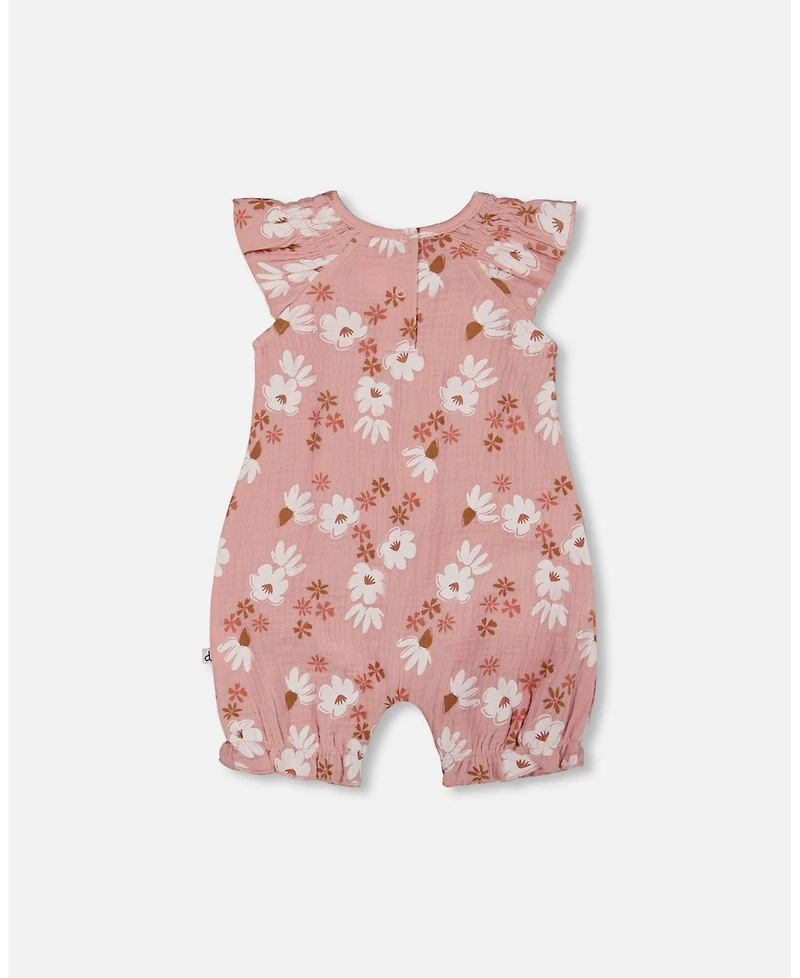 Deux par Baby Girls Printed Muslin Romper Pink And White Flowers