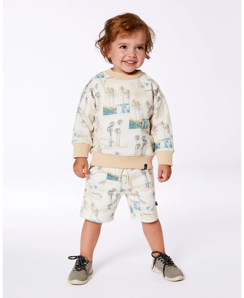 Deux par Deux Baby Boys Printed Pullover Sweatshirt Beige Palm Tree And Teal