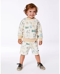 Deux par Deux Baby Boys Printed Pullover Sweatshirt Beige Palm Tree And Teal