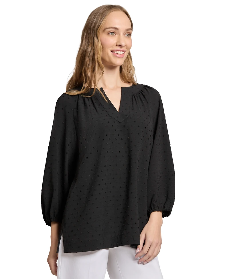 Jones New York Women's 3 Quarter Sleeve Notch Neck Popover Dotted Blouse