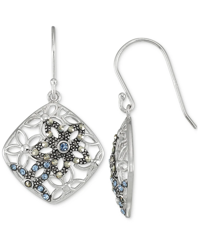 Marcasite & Crystal Flower Filigree Drop Earrings in Sterling Silver