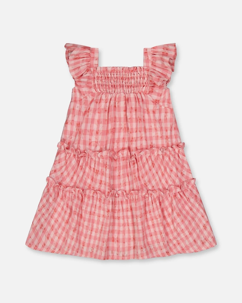 Deux par Big Girls Smocked Layered Dress With Frill Sleeve Checked Pink