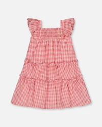 Deux par Big Girls Smocked Layered Dress With Frill Sleeve Checked Pink