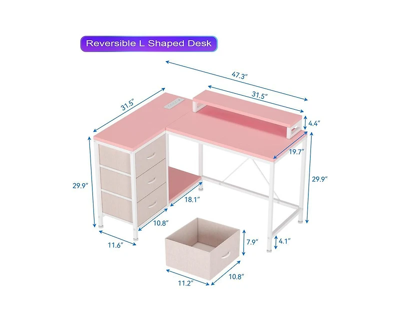 gaomon L Shaped Desk with Power Outlets & Led Lights, Computer Desk with Drawers & Shelves