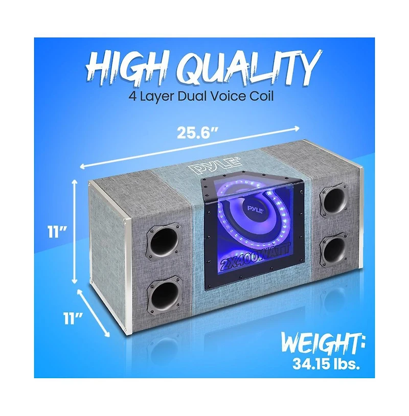 Pyle Dual Subwoofer Box System, 8'' Vented Enclosure, 800W Max, Led Lights