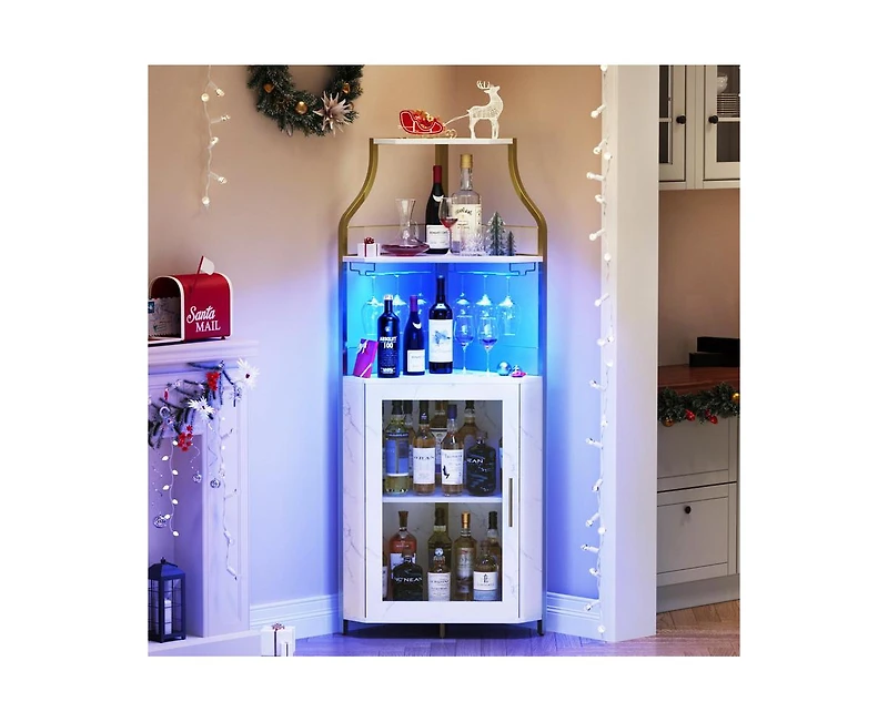 gaomon Corner Bar Cabinet with Led Lights, Industrial Liquor Cabinet with Adjustable Shelf, 5-Tier Industrial Wine Cabinet with Glass Holder
