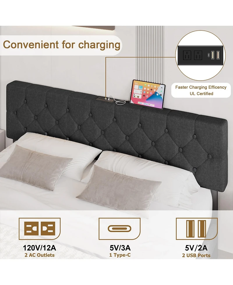 gaomon Upholstered Platform Bed Frame with Usb Ports - Adjustable Headboard, Strong Frame, Wooden Slats Support