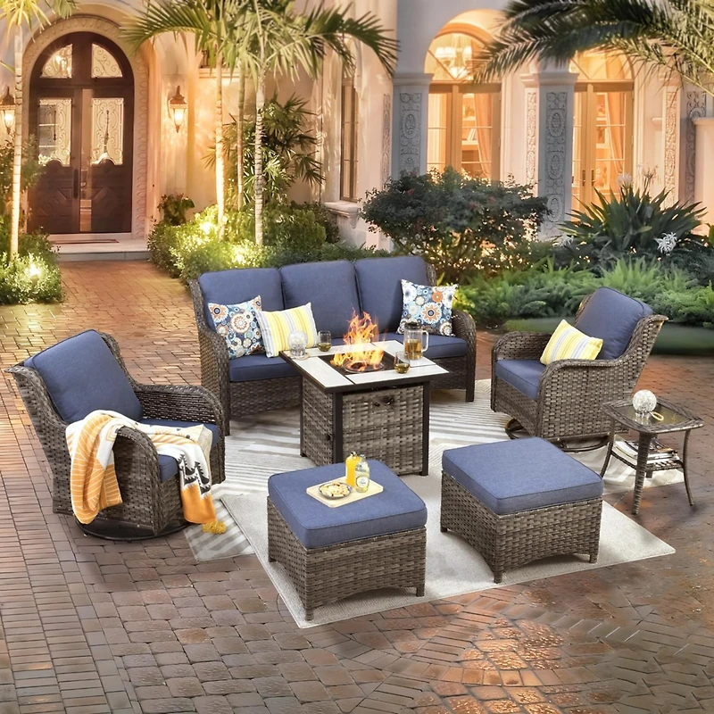 Xizzi Patio Furniture Sets Outdoor Swivel Rocking Chairs with 50,000 Btu Propane Fire Pit Table 7 Pieces All Weather Pe Wicker Conversation Sofa and M