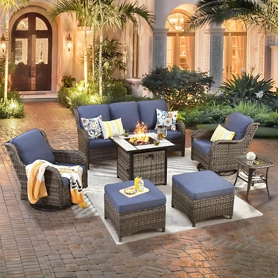 Xizzi Patio Furniture Sets Outdoor Swivel Rocking Chairs with 50,000 Btu Propane Fire Pit Table 7 Pieces All Weather Pe Wicker Conversation Sofa and M