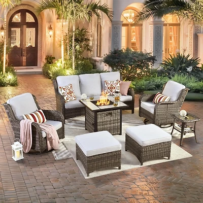 Xizzi Patio Furniture Sets Outdoor Swivel Rocking Chairs with 50,000 Btu Propane Fire Pit Table 7 Pieces All Weather Pe Wicker Conversation Sofa and M