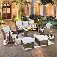 Xizzi Patio Furniture Sets Outdoor Swivel Rocking Chairs with 50,000 Btu Propane Fire Pit Table 7 Pieces All Weather Pe Wicker Conversation Sofa and M