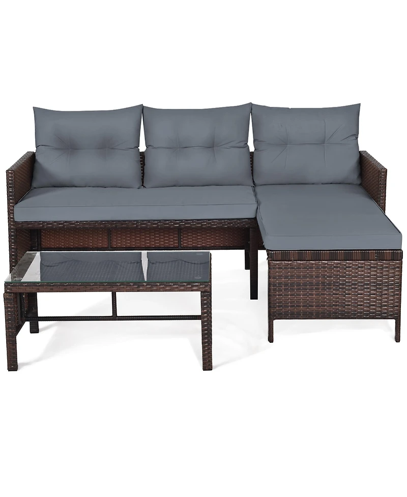 Gymax 3PCS Outdoor Rattan Furniture Set Patio Couch Sofa Set w/ Cushion