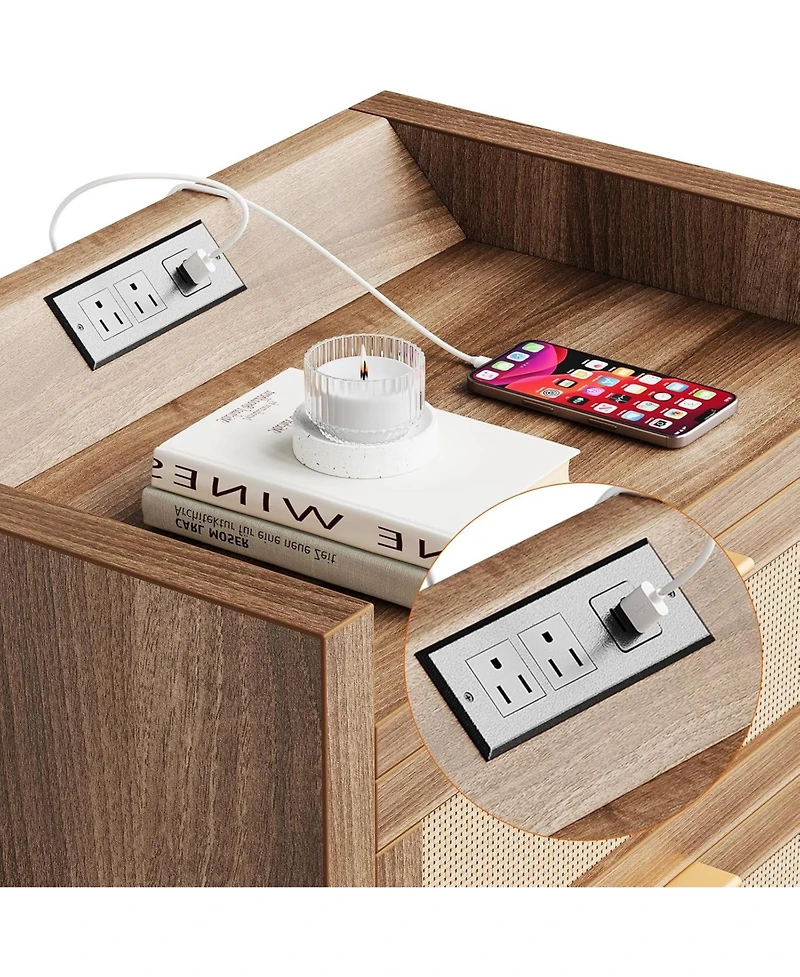 gaomon Night Stand Set of 2, Modern Nightstand with Type-c Charging Station, Bedside Tables with 2 Pe Rattan Drawers, Rattan Nightstands for Bedroom L