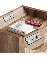 gaomon Night Stand Set of 2, Modern Nightstand with Type-c Charging Station, Bedside Tables with 2 Pe Rattan Drawers, Rattan Nightstands for Bedroom L