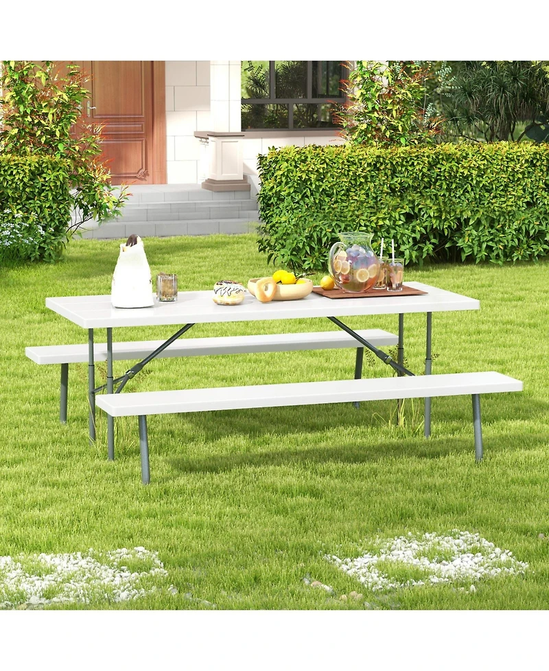 Folding Picnic Table Set with Metal Frame and All-Weather Hdpe Tabletop, Umbrella Hole