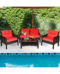 Gymax 4PCS Rattan Patio Conversation Set Cushioned Outdoor Furniture Set