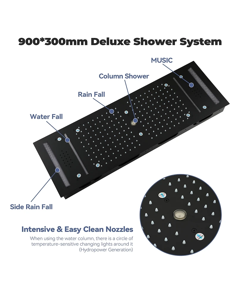 Casainc Flush-Mount Led Bluetooth Music Rainfall Shower System with Smart Touch Screen Display