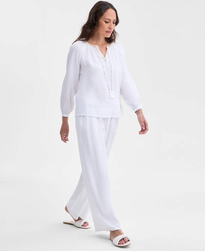 Jm Collection Petite Cotton Embellished-Split-Neck Top, Exclusively at Macy's