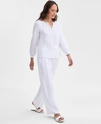 Jm Collection Petite Cotton Embellished-Split-Neck Top, Exclusively at Macy's