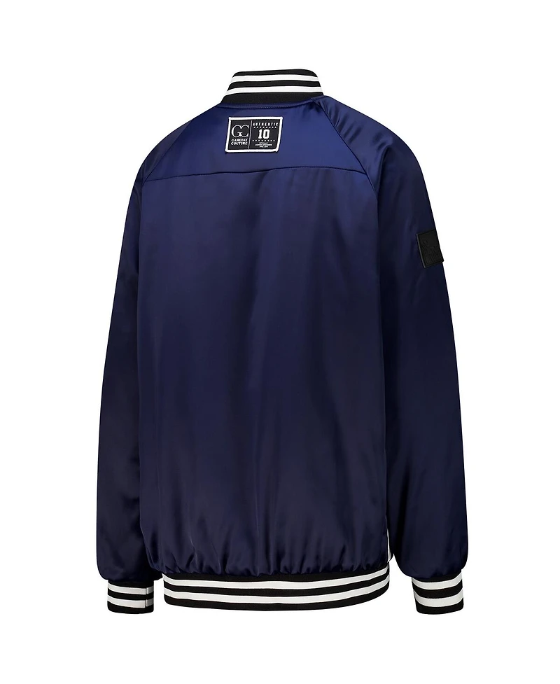 Gameday Couture Women's Navy/White Denver Broncos Oversized Hot Shot Rhinestone Throwback Full-Snap Varsity Bomber Jacket