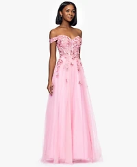 Blondie Nites Juniors' Off-The-Shoulder 3D Butterflies Gown