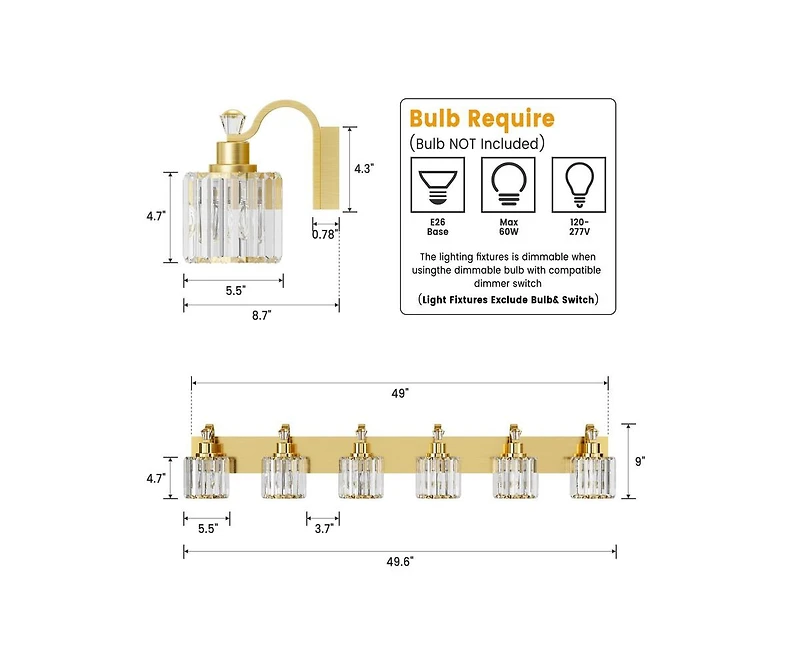 gaomon Modern Crystal Bathroom Vanity Lights Gold Bathroom Light Fixtures Crystal Vanity Shower Lights Over Mirror, Mirror Glass Crystal Bathroom Vani