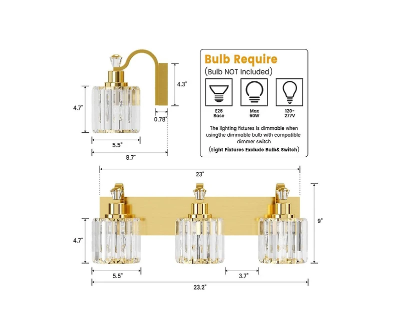 gaomon Modern Crystal Bathroom Vanity Lights Gold Bathroom Light Fixtures Crystal Vanity Shower Lights Over Mirror, Mirror Glass Crystal Bathroom Vani