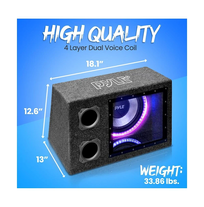 Pyle Subwoofer Box System, 12'' Vented Enclosure, 600W Max, Led Lights