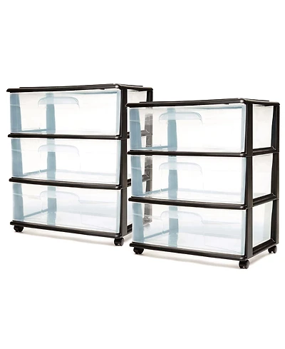 Homz Tall Solid Plastic 3 Drawer Medium Storage Cart with Wheels, Black (2 Pack)