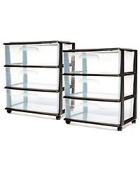 Homz Tall Solid Plastic 3 Drawer Medium Storage Cart with Wheels, Black (2 Pack)