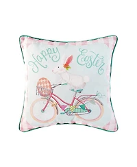 18" x 18" Spring "Happy Easter" Bunny Rabbit Riding Bicycle Printed Accent Throw Pillow