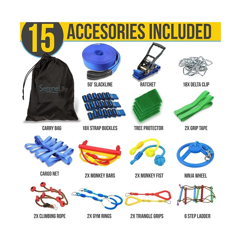 SereneLife 50 Ninja Warrior Obstacle Course Kit with 13 Accessories