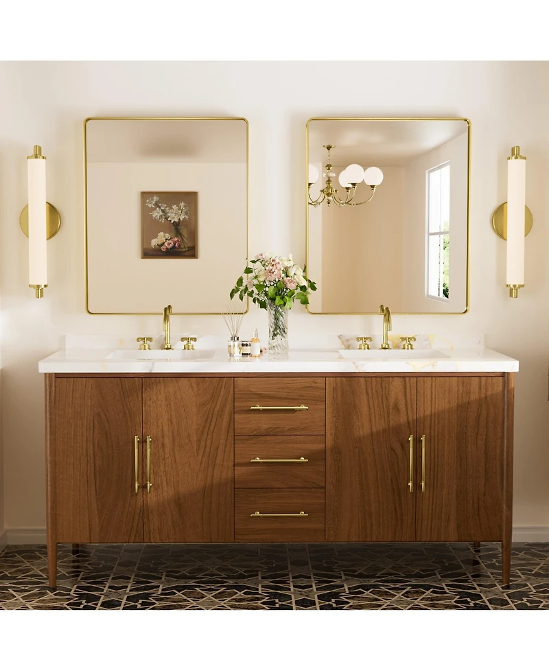 Keonjinn 16x24 Inch Brushed Gold Bathroom Vanity Mirror Tempered Glass Metal Framed